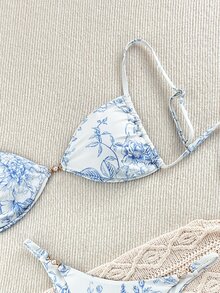 SHEIN Swim 2pcs Ditsy Floral Twist Front Side Pearl Button Thong Bikini Set, Beach Vacation Women Swimwear For Summer - Blue and White - View 6