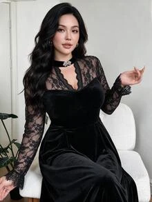 Feyla Plus Size Women's Contrast Lace Long Sleeve Elegant Dress - Black - View 11