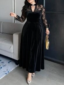 Feyla Plus Size Women's Contrast Lace Long Sleeve Elegant Dress - Black - View 5