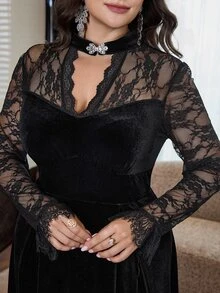 Feyla Plus Size Women's Contrast Lace Long Sleeve Elegant Dress - Black - View 6