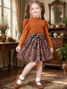 SHEIN Young Girl Sweet 2 In 1 Dress Ribbed Knit Puff Long Sleeve Top And Ditsy Floral Bowknot Flared Pleated A Line Swing Dress Young Girl Autumn Casual Clothes - Orange - View 7