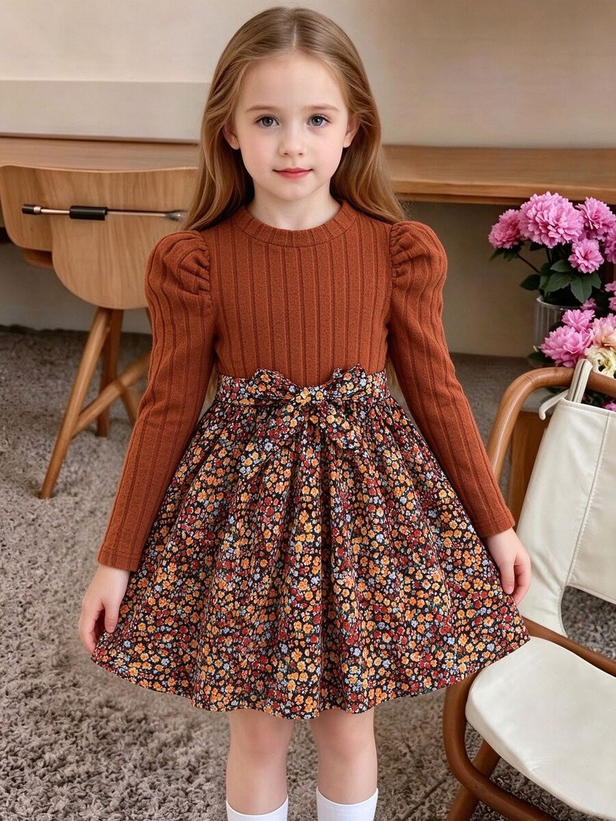 SHEIN Young Girl Sweet 2 In 1 Dress Ribbed Knit Puff Long Sleeve Top And Ditsy Floral Bowknot Flared Pleated A Line Swing Dress Young Girl Autumn Casual Clothes - Orange - View 1