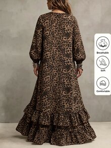 SHEIN LUNE CURVE 2026新款大尺碼休閒條紋圓領長袖燈籠袖拼接荷葉邊長洋裝 女款 秋季 - 棕色 - 查看 2