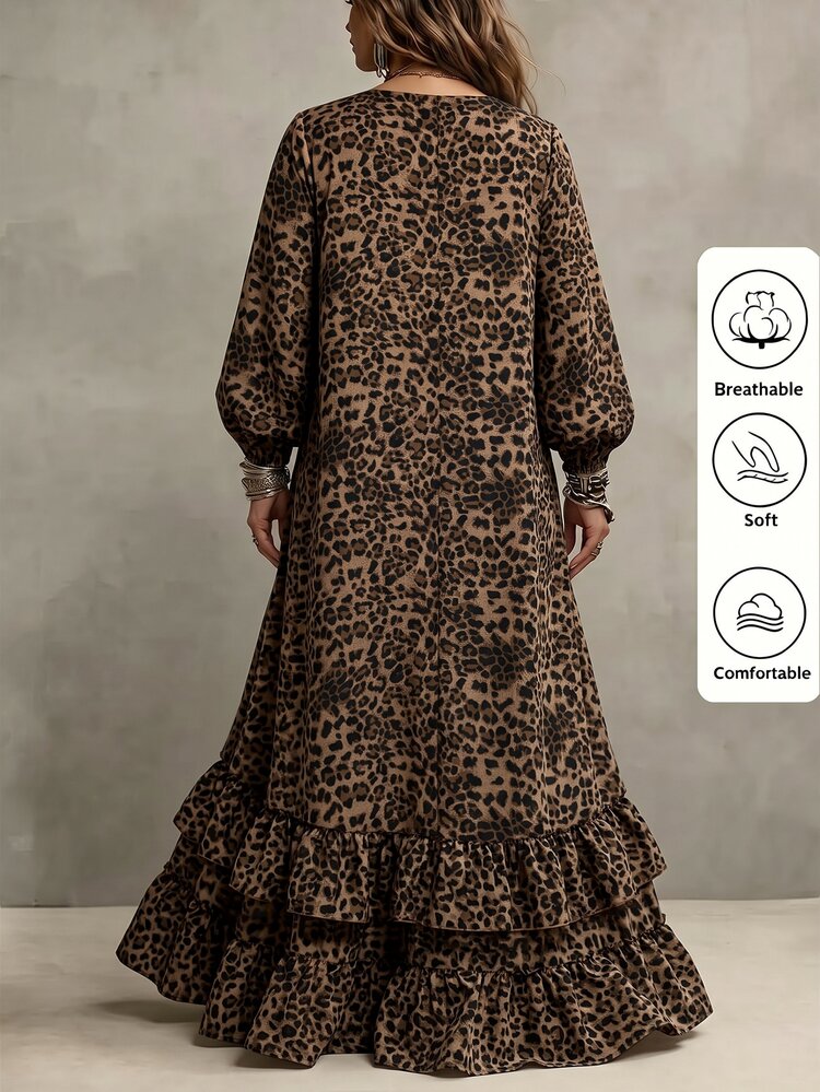 SHEIN LUNE CURVE 2026 New Plus Size Casual Striped Round Neck Long Sleeve Lantern Sleeve Long Patchwork Ruffle Hem Women's Dress Fall - Brown - View 2