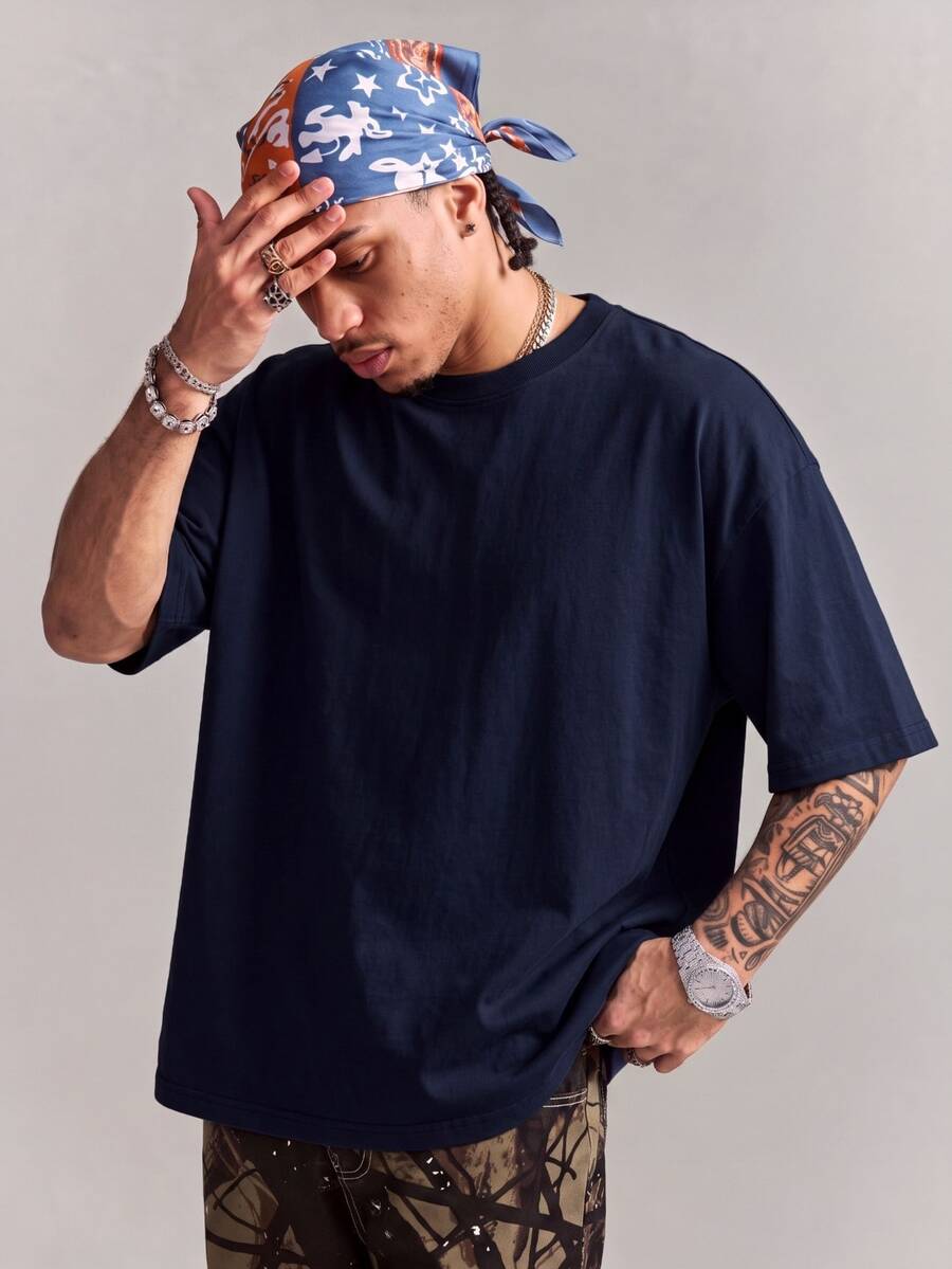 CRAVYNX 大码男式休闲纯色短袖 T 恤 - 藏蓝色 - 查看 1