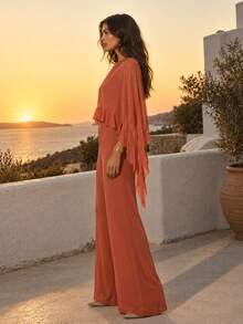 Dancing Leopard Coral Pink Sheer Mesh Wide-Leg Jumpsuit, Autumn Winter Party Outfit - Coral Pink - View 3