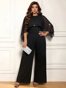 Femmeverse Plus Size Women's Elegant Round Neck Chiffon Silver Foil Dot Cape Jumpsuit Long Pants 2 In 1, Suitable For Autumn/Winter, Suitable For Party - Black - View 5