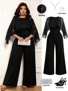 Femmeverse Plus Size Women's Elegant Round Neck Chiffon Silver Foil Dot Cape Jumpsuit Long Pants 2 In 1, Suitable For Autumn/Winter, Suitable For Party - Black - View 3