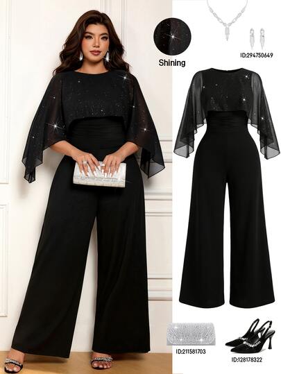 Femmeverse Mono de capa elegante de mujer talla grande con cuello redondo, estampado de puntos de lámina plateada en gasa, pantalones largos 2 en 1, adecuado para otoño/invierno, adecuado para fiestas