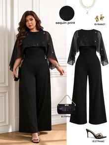Femmeverse Plus Size Women's Elegant Round Neck Chiffon Silver Foil Dot Cape Jumpsuit Long Pants 2 In 1, Suitable For Autumn/Winter, Suitable For Party - Black - View 1