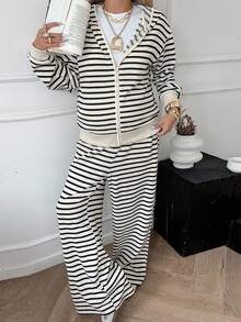 Dazy Maternity Contrast Stripe Loose Long Sleeve Hooded Sweatshirt & Straight Leg Pants Casual Daily Vacation Spring Autumn Maternity 2 Pieces Set - Apricot - View 1