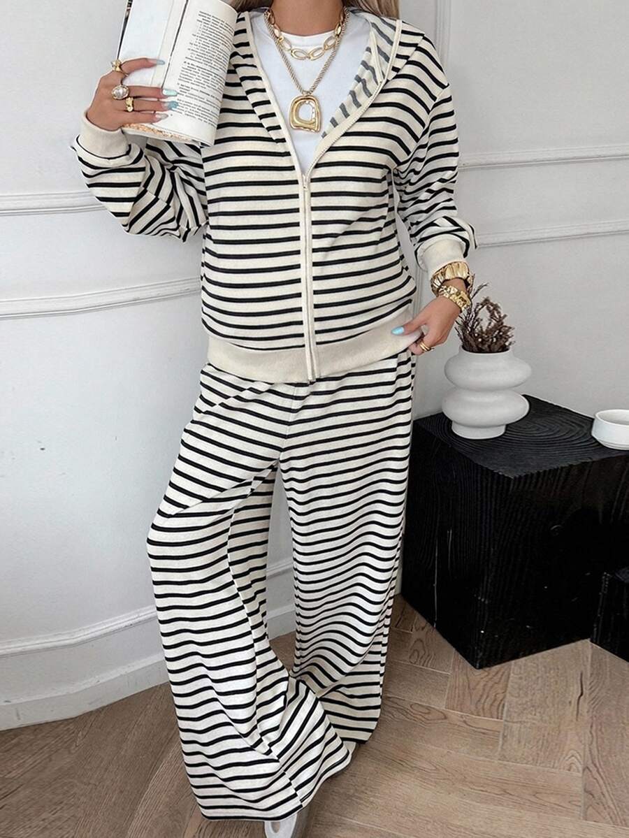 Dazy Maternity Contrast Stripe Loose Long Sleeve Hooded Sweatshirt & Straight Leg Pants Casual Daily Vacation Spring Autumn Maternity 2 Pieces Set - Apricot - View 1