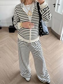 Dazy Maternity Contrast Stripe Loose Long Sleeve Hooded Sweatshirt & Straight Leg Pants Casual Daily Vacation Spring Autumn Maternity 2 Pieces Set - Apricot - View 6