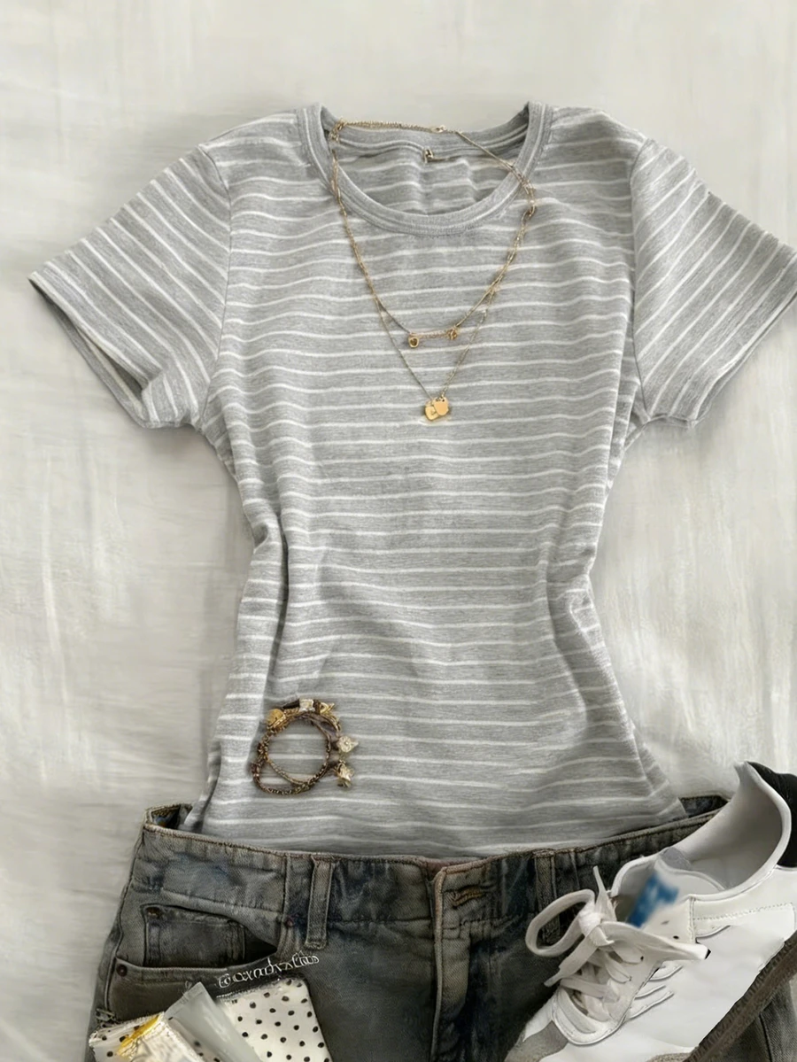 Dazy Kids Casual Striped Slim Fit Short Sleeve T-Shirt Top For Tween Girls Summer - Grey - View 1