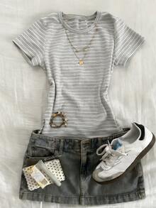 Dazy Kids Casual Striped Slim Fit Short Sleeve T-Shirt Top For Tween Girls Summer - Grey - View 2