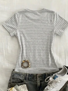 Dazy Kids Casual Striped Slim Fit Short Sleeve T-Shirt Top For Tween Girls Summer - Grey - View 4