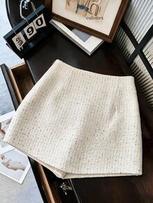 SHEIN Franclia Elegant Sparkly Tweed High Waist Skort, Front Slit Mini Skirt With Lining - White - View 2