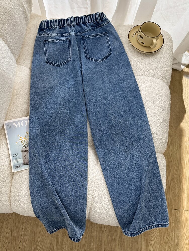 SHEIN Girls' Y2K New Denim Blue Bow Print Straight Leg Wide Leg Jeans, Selected Soft Cotton Material With Great Shape, Perfect For Daily, Holiday, School, Commute, Party, Festival - Light Wash - View 2