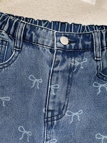 SHEIN Girls' Y2K New Denim Blue Bow Print Straight Leg Wide Leg Jeans, Selected Soft Cotton Material With Great Shape, Perfect For Daily, Holiday, School, Commute, Party, Festival - Light Wash - View 5