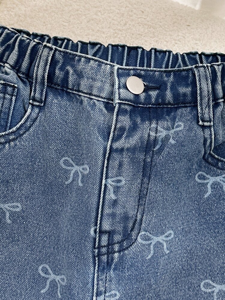SHEIN Girls' Y2K New Denim Blue Bow Print Straight Leg Wide Leg Jeans, Selected Soft Cotton Material With Great Shape, Perfect For Daily, Holiday, School, Commute, Party, Festival - Light Wash - View 5
