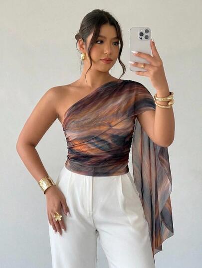 Firerie Women's Summer Minimalist Elegant Vacation Casual Daily Fashion Versatile White Asymmetrical Neckline Contrast Mesh Knit Asymmetrical Ruffle Slim Fit Plus Size Top, Elegant Classic Sunset Print, Vacation Outfit, Country Music Concert, Wedding Guest Attire
