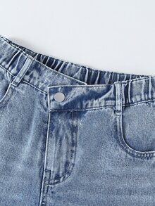 SHEIN Tween Girl Y2K Style Vintage Washed Blue Asymmetric Waist Loose Wide Leg Jeans, Suitable For Everyday Wear Summer Autumn Fall - Light Wash - View 6