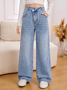 SHEIN Tween Girl Y2K Style Vintage Washed Blue Asymmetric Waist Loose Wide Leg Jeans, Suitable For Everyday Wear Summer Autumn Fall - Light Wash - View 2