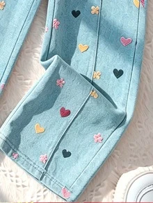 SHEIN 女童秋冬休閒可愛套裝：圓領長袖上衣 + 寬腿褲，兩件式日常穿著校園風校園假期套裝 - 藍色 - 查看 6