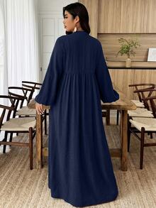 Weeklong Plus Size Solid Dark Grey Textured V-Neck Lantern Sleeve Tiered Maxi Dress, Versatile For Work Brunch Morning Casual Elegant Wear Fall - Navy Blue - View 2