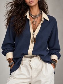 LUMIGAL Women's Casual Colorblock Patchwork Long Sleeve Shirt, Spring/Autumn - Navy Blue - View 4