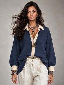 LUMIGAL Women's Casual Colorblock Patchwork Long Sleeve Shirt, Spring/Autumn - Navy Blue - View 3