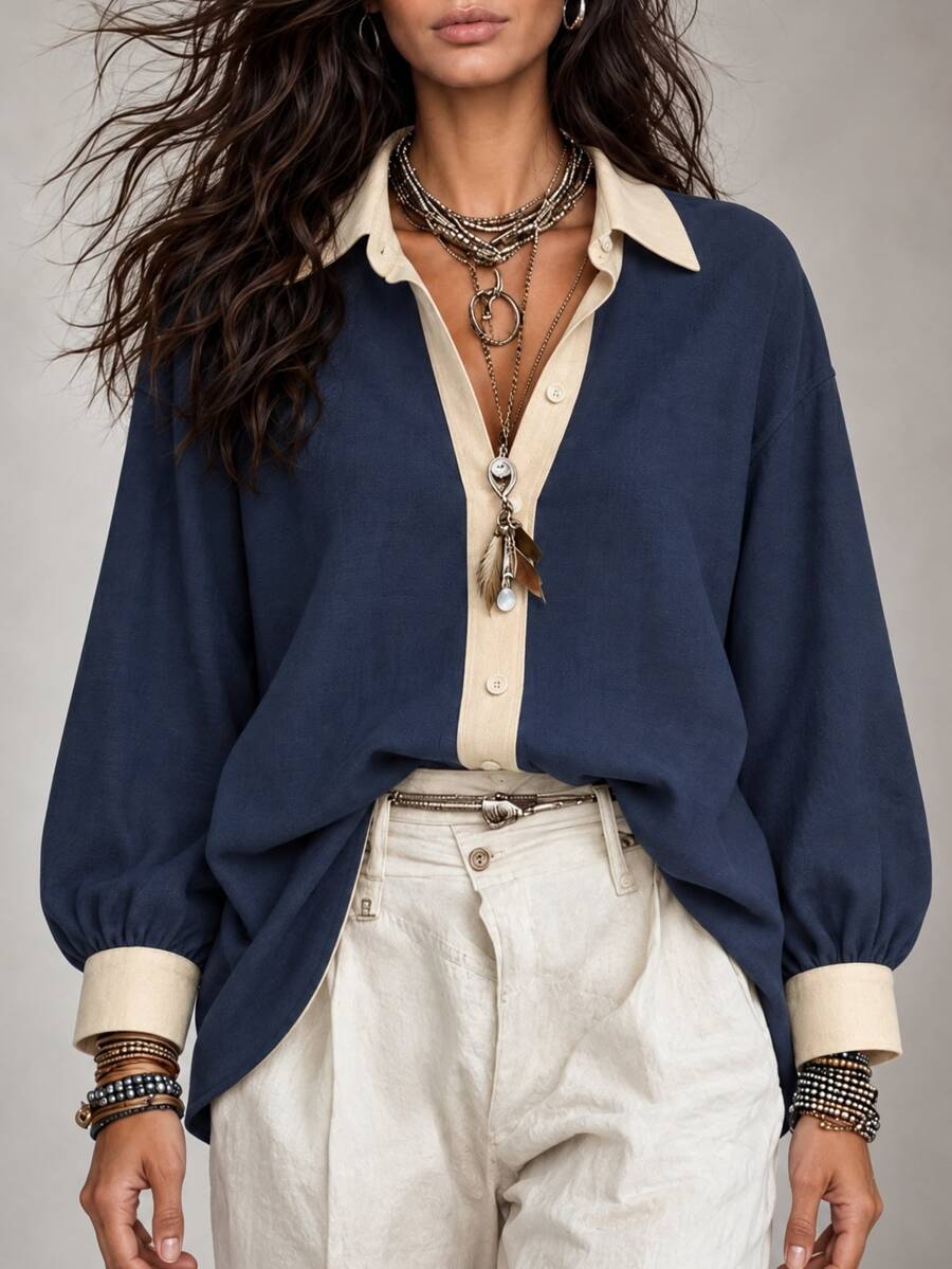 LUMIGAL Women's Casual Colorblock Patchwork Long Sleeve Shirt, Spring/Autumn - Navy Blue - View 1