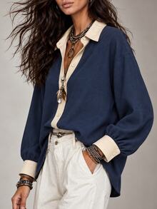 LUMIGAL Women's Casual Colorblock Patchwork Long Sleeve Shirt, Spring/Autumn - Navy Blue - View 5