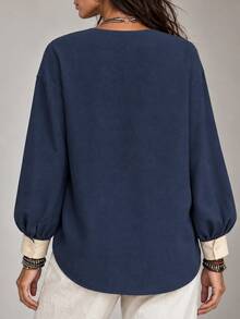 LUMIGAL Women's Casual Colorblock Patchwork Long Sleeve Shirt, Spring/Autumn - Navy Blue - View 2