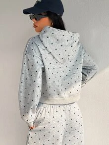 SHEIN Dewbera Women's Fashion Versatile Polka Dot Hooded Sweatshirt, Autumn/Winter - Grey - View 2