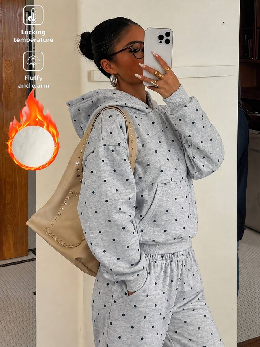 SHEIN Dewbera Women's Fashion Versatile Polka Dot Hooded Sweatshirt, Autumn/Winter - Grey - View 1