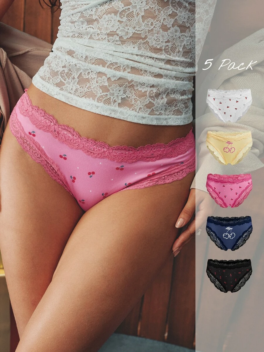 Esseday 5-Pack Of Women's Cherry Print Lace-Trimmed Briefs - Multicolor - View 1