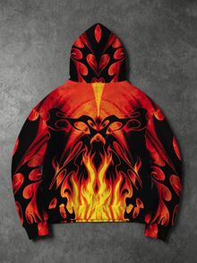 ROMWE MEN American Street Style Hellfire Graphic Thermal Lined Zip-Up Hoodie - Multicolor - View 2