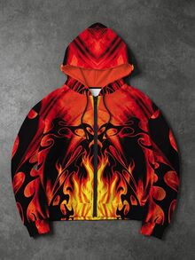 ROMWE MEN American Street Style Hellfire Graphic Thermal Lined Zip-Up Hoodie - Multicolor - View 1