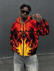 ROMWE MEN American Street Style Hellfire Graphic Thermal Lined Zip-Up Hoodie - Multicolor - View 8
