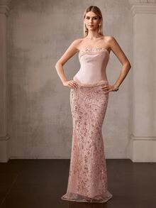 MOTF Soiréza ELEGANT WOMEN'S PEARL EMBELLISHED STRAPLESS MERMAID GOWN WITH DETACHABLE CHOKER & LACE UP BACK - Dusty Pink - View 4
