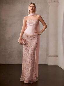 MOTF Soiréza ELEGANT WOMEN'S PEARL EMBELLISHED STRAPLESS MERMAID GOWN WITH DETACHABLE CHOKER & LACE UP BACK - Dusty Pink - View 5