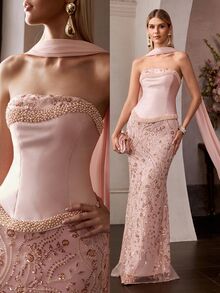 MOTF Soiréza ELEGANT WOMEN'S PEARL EMBELLISHED STRAPLESS MERMAID GOWN WITH DETACHABLE CHOKER & LACE UP BACK - Dusty Pink - View 9