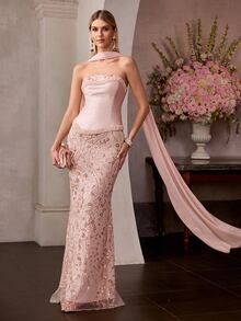 MOTF Soiréza ELEGANT WOMEN'S PEARL EMBELLISHED STRAPLESS MERMAID GOWN WITH DETACHABLE CHOKER & LACE UP BACK - Dusty Pink - View 6