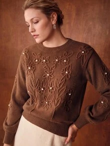 MOTF PREMIUM SWEATER UKURAN BESAR MOTIF BUNGA DENGAN DETAIL MUTIARA IMITASI DAN LEHER BULAT - Coklat - View 7