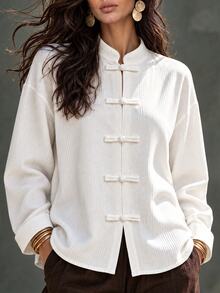 LUMIGAL Women's Solid Color Stand Collar Long Sleeve Front Button Versatile Shirt, New Autumn/Winter - White - View 1