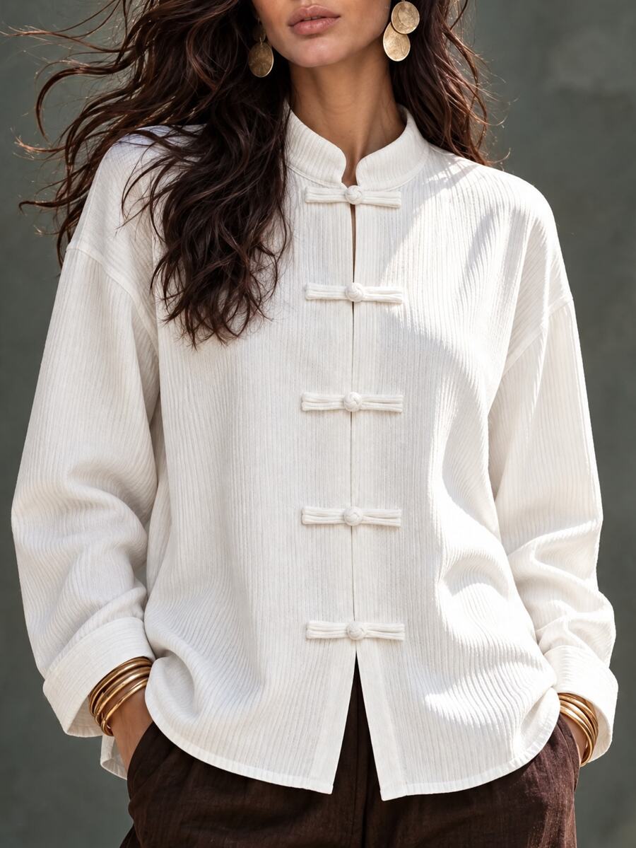 LUMIGAL Women's Solid Color Stand Collar Long Sleeve Front Button Versatile Shirt, New Autumn/Winter - White - View 1