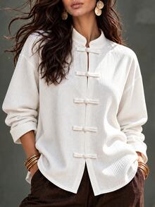 LUMIGAL Women's Solid Color Stand Collar Long Sleeve Front Button Versatile Shirt, New Autumn/Winter - White - View 3