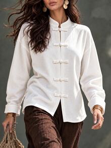 LUMIGAL Women's Solid Color Stand Collar Long Sleeve Front Button Versatile Shirt, New Autumn/Winter - White - View 4