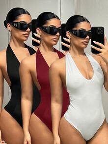 SHEIN ICON Women's Summer Casual Solid Color Backless Halter Bodysuit - Multicolor - View 1